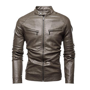 Blouson Biker Homme Slim Fit en Similicuir Marron Personnalisé avec Poches Zippées Col Montant Fermeture Éclair Avant Vente en Gros OEM Marque Privée Acheteurs USA - Product Image 1