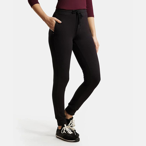 Solid Black <b>Cuffed</b> Women's <b>Jogger</b> Pants High Elastic Waist Drawstring Wholesale Europe Slim Fit Fleece - Product Image 2