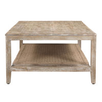 Table basse rustique en bois massif avec étagère de rangement en jute tressé, finition blanchie vieillie, table de cocktail pour salon