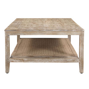 Mesa de centro rústica de madera maciza con estante de almacenamiento de yute tejido, acabado en blanco envejecido, mesa de cóctel para la sala de estar del hogar - Product Image 3