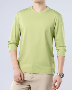Men's Long Sleeve O Neck Solid Pink Polyester/Cotton Blend Knitted 180g Breathable Regular Fit Casual Wear Front Logo T-Shirt - Product Image 6