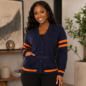 <span class=keywords><strong>Cardigan</strong></span> in Acrilico con Strisce a Contrasto Arancioni, Scollo a V, Maniche Lunghe, Maglione Casual da Donna della Sorority Cosh International - Product Image 4