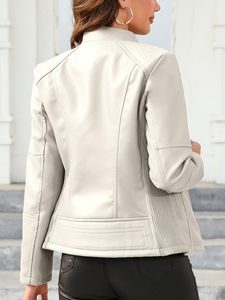 <b>Women</b> Premium Faux Leather Stand Collar Bomber <b>Jacket</b> Custom Logo OEM - Product Image 3
