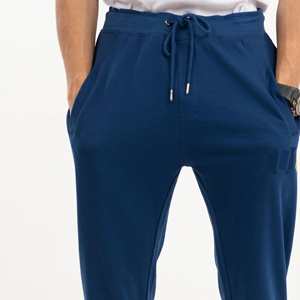 Pantalon de jogging décontracté en coton bleu marine pour homme, taille élastique avec cordon de serrage, logo sur la jambe droite, idéal pour l'automne - Product Image 5