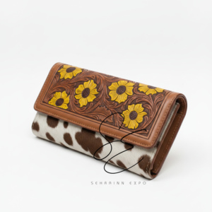 กระเป๋าสตางค์หนังแท้ลายดอกทานตะวันแกะสลักด้วยมือสำหรับผู้หญิง กระเป๋าคลัทช์หนังวัวลายขนสัตว์ กระเป๋าสตางค์ยาวสไตล์คาวเกิร์ล กระเป๋าคลัทช์ลายดอกไม้แบบวินเทจ - Product Image 2