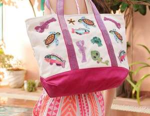 Sac fourre-tout de luxe fait main à thème océanique avec perles, broderie poisson et tortue, sac à bandoulière d'été pour la plage - Product Image 1
