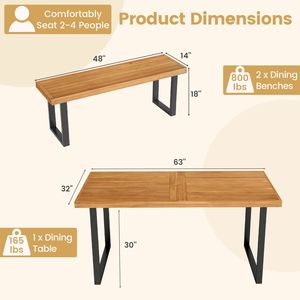 Ensemble de table à manger de patio en 3 pièces, table rectangulaire de 63 pieds et 2 bancs sans dossier - Product Image 5