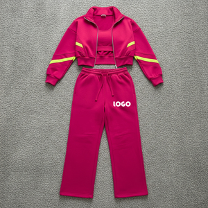 Conjunto Deportivo de Dos Piezas con Cremallera y Logotipo Personalizado de Alta Calidad, Pantalones Deportivos Anchos Elásticos y Sudadera Corta con Capucha para Mujer - Product Image 1