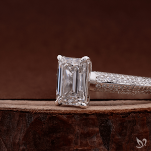 Micro pave band 2 CT emerald cut lab grown <b>diamond</b> <b>ring</b> in 10K white gold IGI certified modern engagement <b>ring</b> - Product Image 2