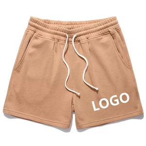 Shorts décontractés pour hommes en coton uni à taille mi-haute avec cordon de serrage, poches et logo imprimé sur le devant - Product Image 1