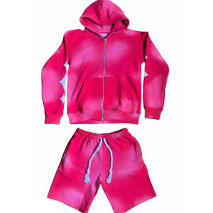 Oferta Especial: Conjunto de Sudadera con Capucha y Pantalones Cortos Unisex, Estilo Urbano, Color Rosa Lavado al Ácido, Efecto Desgastado por el Sol, 100% Algodón - Product Image 2