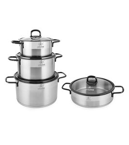 Ensemble de casseroles de luxe en acier inoxydable 18/10, 8 pièces, avec couvercles en verre, poignées en acier noir et base compatible induction - Product Image 1