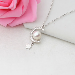 Pendentif étoile et lune en argent S925 avec collier de perles 8-9 mm, ensemble de bijoux DIY pour femmes, incrusté 388 - Product Image 3