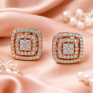 Élégantes boucles d'oreilles clous en or rose 14 carats avec diamants carrés taille coussin, halo superposé, bijoux raffinés pour femme, cadeau de mariage nuptial - Product Image 3