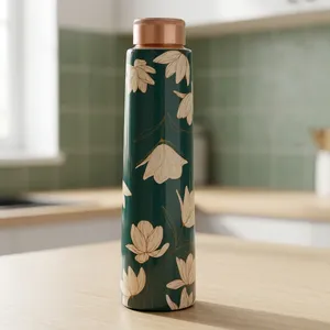 Bouteille d'eau en acier inoxydable à imprimé floral avec bouchon finition cuivre, bouteille de voyage isotherme vert turquoise - Product Image 3