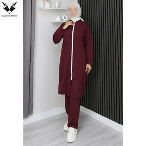 Custom Women <b>Modest</b> Solid Casual Tracksuit Full Zip Longline Hoodie and Joggers <b>Set</b> Islamic Sports 2 Piece Muslim Gym Suit - Product Image 4