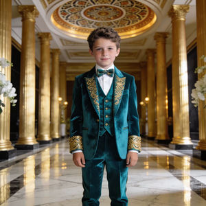 ชุดสูทกำมะหยี่สีฟ้าอมเขียวสำหรับเด็กผู้ชาย พร้อมลายปักสีทอง |   ชุดสูทเด็กสำหรับงานแต่งงานและงานพิธีการ - Product Image 1