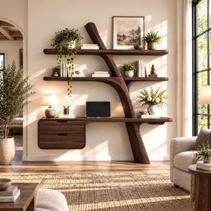 Escritorio de Madera Contemporáneo Hecho a Mano por Luxali, con Librero en Forma de Árbol, Estantes y Cajón, para Decoración de Oficina en Casa - Product Image 2