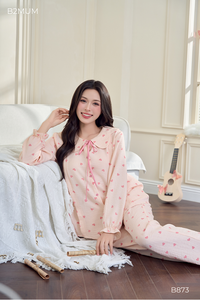 B2 MUM B873 Pantalon de pyjama en lin à manches longues, à rayures cœurs, col à volants (motif pétale de lotus), doux et léger, pour la maternité - Product Image 3