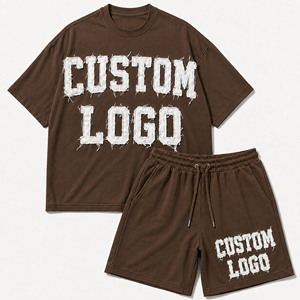 Custom Logo Oversized 100% Cotton Breathable T-Shirt <b>Shorts</b> Set <b>Men's</b> Silk Screen Printed Casual Streetwear Two-Piece <b>Brown</b> 300g - Product Image 1