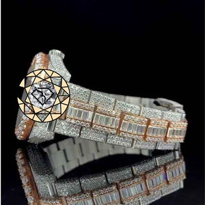 Fully Iced Out Diamond <b>Watch</b> Rose Gold Plated Round Analog Quartz White Gold <b>Case</b> Sapphire Crystal Deployment Clasp - Product Image 3