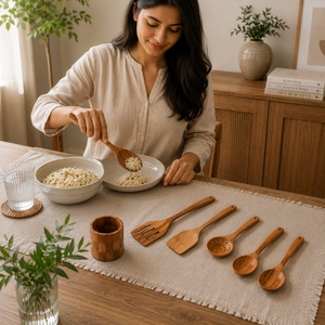 Ensemble d'ustensiles de cuisine en bois d'acacia de qualité supérieure avec support |   Cuillères et spatules de cuisine en bois faites à la main |   Outil de service antiadhésif et sûr - Product Image 4