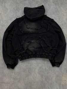 Oversized <b>Black</b> Cotton Pullover Hoodie <b>Men</b> Ruffle Design Washed Fabric Casual O-Neck Streetwear <b>Sweatshirt</b> Autumn Style - Product Image 3
