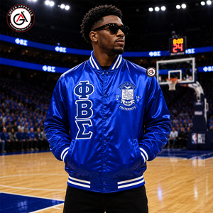 เสื้อแจ็คเก็ตบอมเบอร์ผ้าซาตินไหมสำหรับผู้ชาย คอตั้ง ปักลาย Winter Phi Beta Sigma Fraternity - Product Image 4