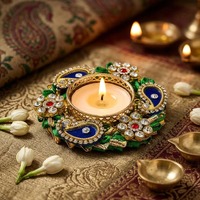 Support de bougie chauffe-plat en laiton fait main, écologique, avec strass, pour la décoration de la maison lors de la fête traditionnelle indienne Diwali et des mariages