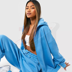 Women Blue <b>Tracksuit</b> Hooded Zipper Full Sleeve Sweatshirt Jogger Pants Solid Color Casual Loose Fit Spring Wear - Product Image 2
