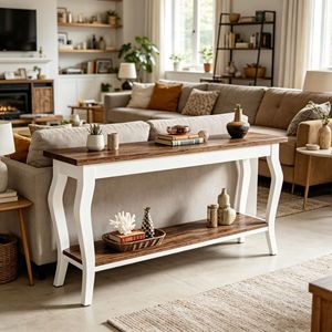 Consolle Lunga in Stile Vintage, Tavolo Laterale di Lusso dal Design Moderno in Legno Teak e Marmo per Ingresso, Casa, Appartamento, Hotel - Product Image 1