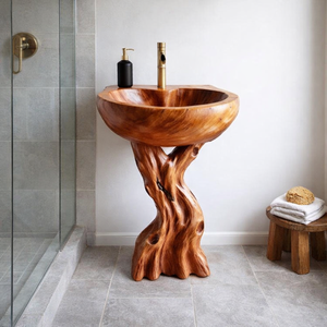 Solid wood bathroom vanity with sink pedestal handmade carved wash basin bathroom organizer decoration - Product Image 2