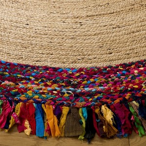 Alfombra Redonda de Yute Hecha a Mano con Flecos Coloridos, Estilo Bohemio para Sala de Estar, Decoración Mexicana de Pelo Corto - Product Image 6
