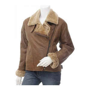 Blouson bomber en cuir véritable marron doublé en sherpa, fermeture éclair, vêtement d'extérieur d'hiver, style moto décontracté - Product Image 1