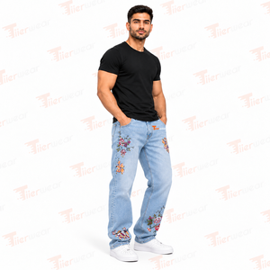 Men's Straight Leg Stonewashed Denim <b>Jeans</b> With <b>Floral</b> Embroidery Regular Fit Mid Waist Casual Spring Style Men Denim Pants - Product Image 2