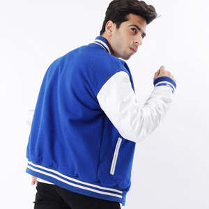 Veste de sport en laine bleue pour homme avec manches en cuir marron, col rabattu, vêtement décontracté pour l'automne - Product Image 6
