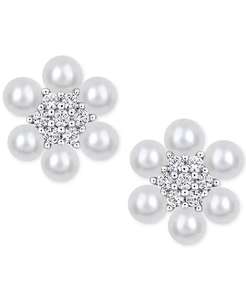 Perle d'eau douce de culture (3-3-1/2mm) et saphir blanc créé en laboratoire (1/3 ct. T. W.) Boucles d'oreilles en argent sterling avec grappe de fleurs - Product Image 1