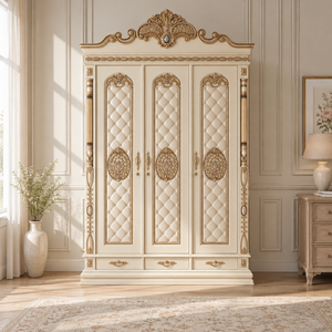 Armario Tradicional Ornamentado de 3 Puertas con Paneles Tapizados y Tiradores de Latón para Dormitorio, Muebles de Indonesia - Product Image 1
