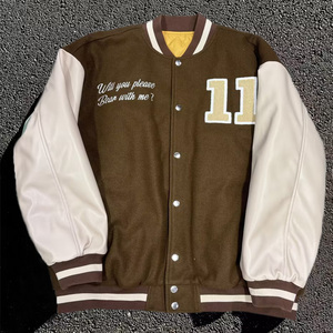 Men's Maroon 100% Wool Eco-Friendly Thick Varsity Jacket O-Neck Collar <b>Covered</b> <b>Button</b> Closure Winter Preppy Style Letter - Product Image 3