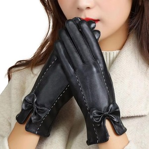 Gants d'hiver/printemps/automne en cuir noir écologique pour femme avec écran tactile, détail nœud, longueur poignet, doublure en laine, style élégant - Product Image 4
