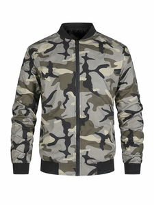 Chaqueta Bomber Sólida de Manga Larga con Cierre de Cremallera, Cuello Alto, Tejido de Poliéster, Resistente al Viento, Impermeable, Ligera, Acabado Sedoso - Product Image 3