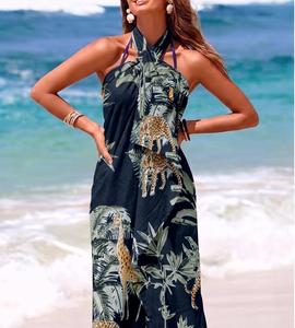 Robe longue d'été décontractée à imprimé animal, taille élastique, sans manches, coupe ample, avec lien à nouer sur le devant, en tissu tissé respirant - Product Image 2