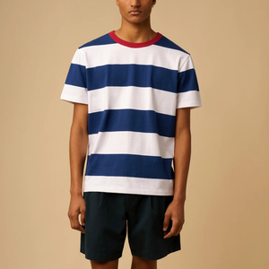 T-shirt en coton rayé pour homme, personnalisable OEM/ODM, vente en gros, T-shirt en jersey épais rayé bleu et blanc de haute qualité, respirant - Product Image 4