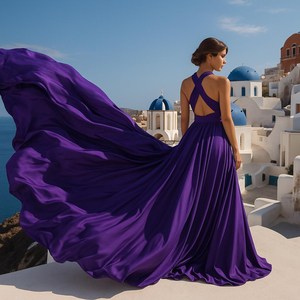 Elegante Vestido Largo de Satén Morado Real con Cola Larga y Abertura Alta para Sesión de Fotos en Santorini, Vestido de Noche de Lujo con Cuello en V - Product Image 2