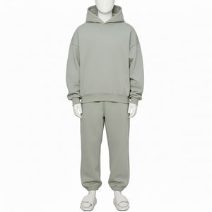 Ensemble de survêtement unisexe gris à capuche, sweat-shirt long avec poches latérales, coupe ample, vêtements décontractés, couleur unie, 100% coton, automne - Product Image 2