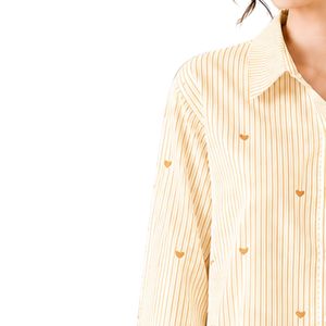 Chemisier ample décontracté en coton à rayures jaunes et blanches pour femme, avec broderie cœur, manches longues et boutonnage - Product Image 3