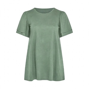 T-shirt à manches courtes à volants, col rond, coupe ample, décontracté, pour femmes, couleur unie, basique, idéal pour l'été, à prix abordable - Product Image 1