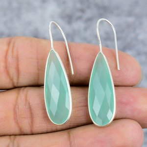 925 <b>Sterling</b> <b>Silver</b> Women Aqua Chalcedony Pear Cut Gemstone <b>Silver</b> Hook Earrings Trendy Birthday Gift Everyday Wear Party - Product Image 2