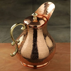 Ornate floral embossed <b>copper</b> jug features a premium matching <b>handle</b> and pedestal base, available at wholesale price. - Product Image 4