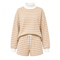 Ensemble hiver femme rayé à col montant, pull à manches longues et short assorti à cordon de serrage, tenue écoresponsable 100%